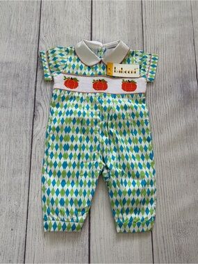 Babeeni Teal & Green Pumpkin Smocked Romper Size 3 months
